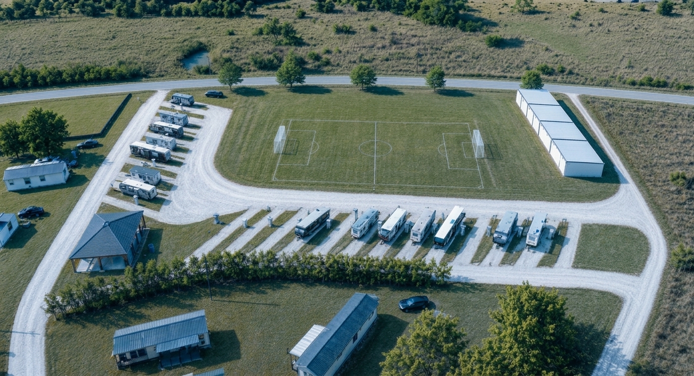 Aerial view of Bluebonnet RV Park and its pull-through sites